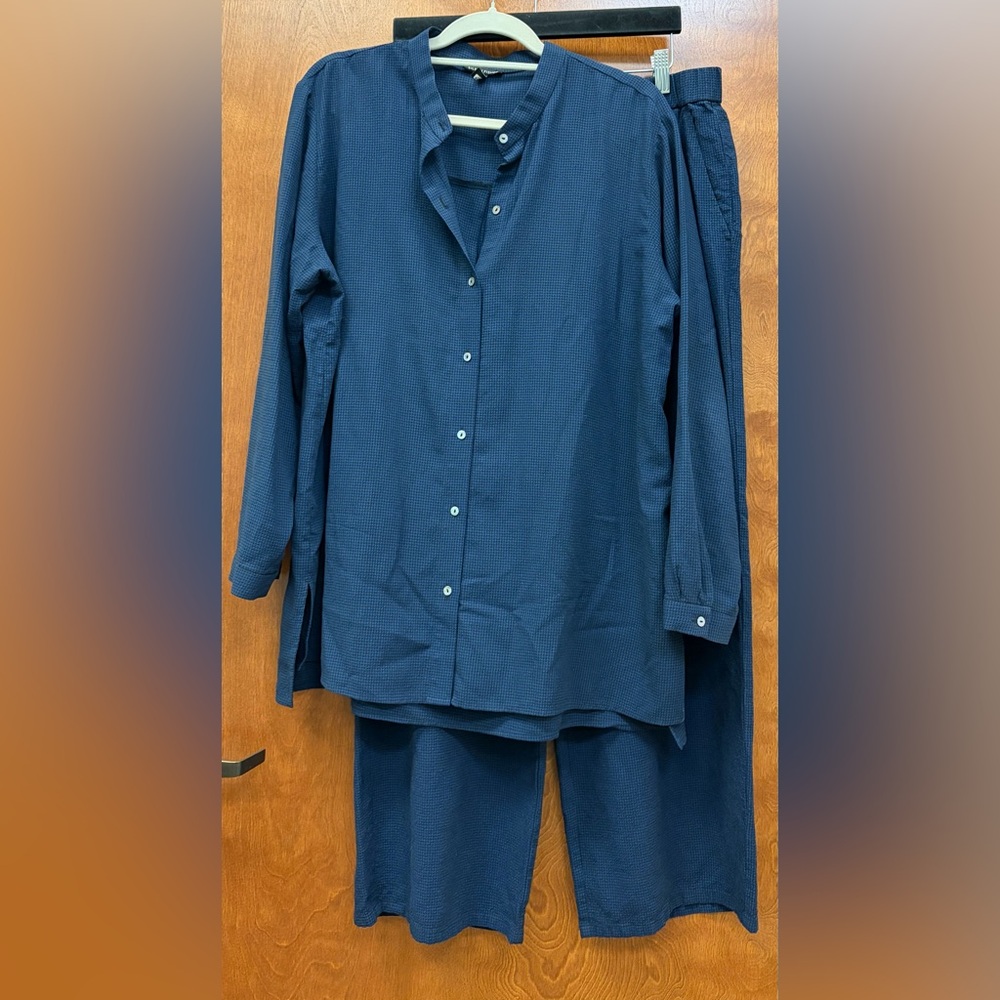 Eileen Fisher 2 pc check band collar oversize button-up shirt wide leg pant XL/L